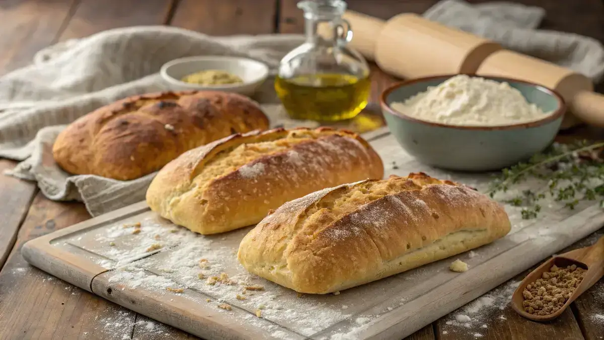 Freshly baked ciabatta bread loaves on a rustic wooden table with flour and ingredients in the background.