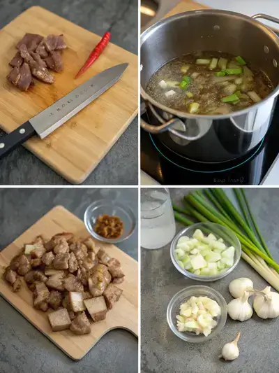 Step-by-step preparation of beef tendon, including rinsing, blanching, and simmering with spices.