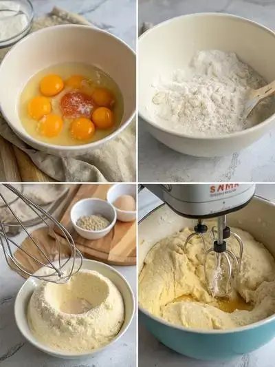 Four-panel depiction of Brioche Loaf making: staged dry ingredients in a bowl, eggs whisked into warm milk, mixer blending mixtures, and dough kneaded to a glossy elasticity