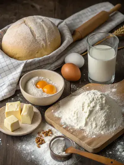 Ingredients for brioche loaf displayed on a kitchen table.