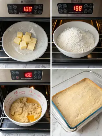 Series of four panels illustrating the Cake Bar process: preheating the oven, preparing the baking pan, mixing dry ingredients, and whipping butter with sugar