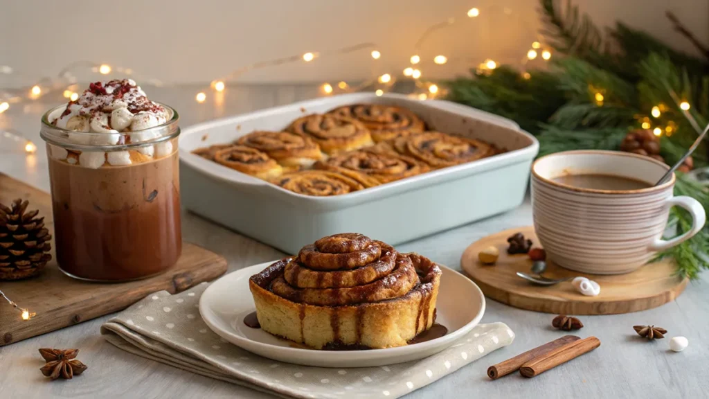 Cozy christmas breakfast ideas table with cinnamon roll French toast, pancakes, granola and hot chocolate