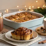 Cozy christmas breakfast ideas table with cinnamon roll French toast, pancakes, granola and hot chocolate