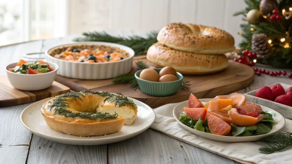 christmas brunch ideas table with smoked salmon bagels, spinach quiche, baked eggs, fruit salad and mini croissants