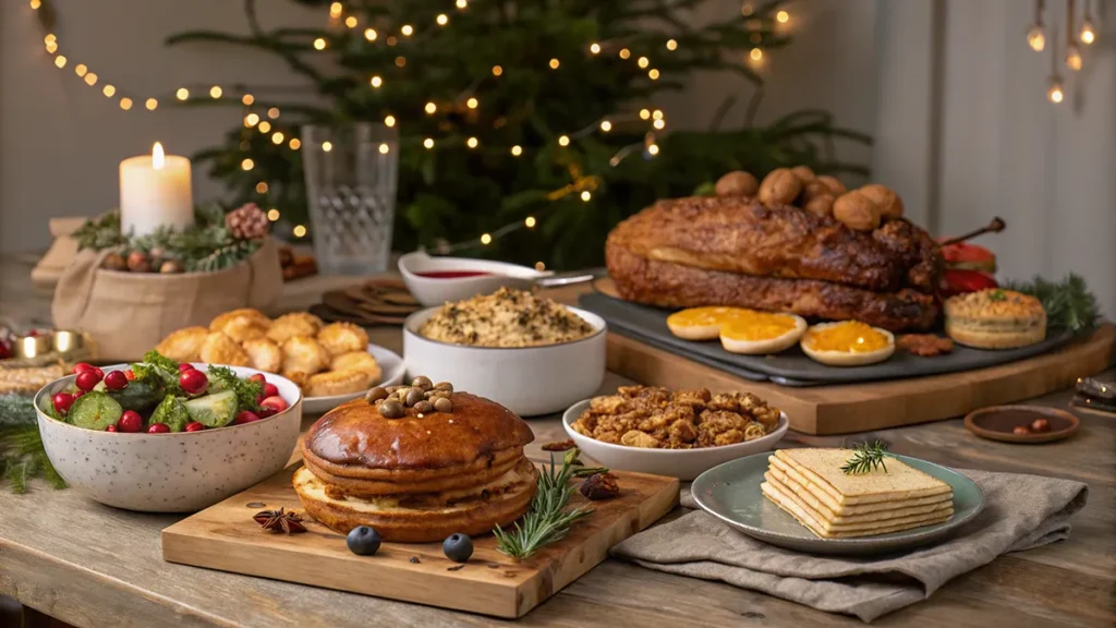 Festive Christmas Eve Recipes table with pancakes, roast meat, salad, side dishes and holiday decorations
