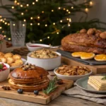 Festive Christmas Eve Recipes table with pancakes, roast meat, salad, side dishes and holiday decorations