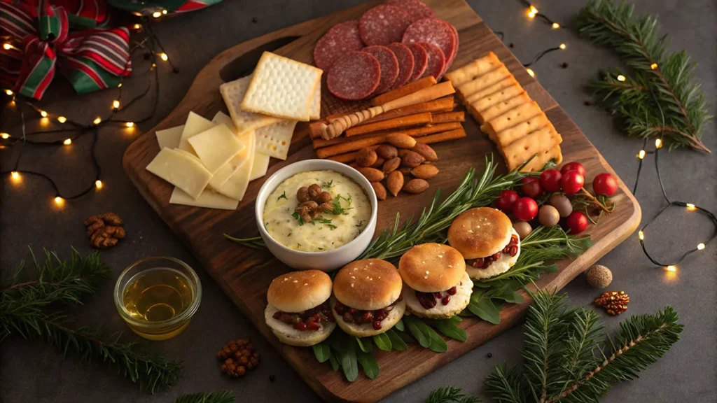 Festive christmas snack ideas board with charcuterie, cheese, crackers, nuts, veggie dip and mini turkey sliders