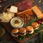 Festive christmas snack ideas board with charcuterie, cheese, crackers, nuts, veggie dip and mini turkey sliders