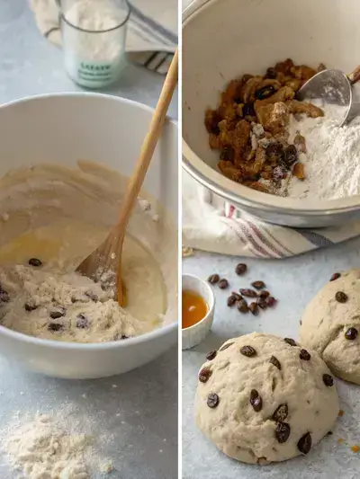 Step-by-step process of making cinnamon raisin sourdough, including mixing ingredients, autolyse, and shaping the dough.