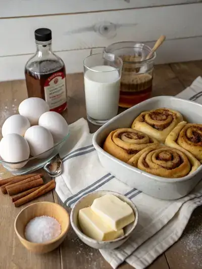Ingredients for Cinnamon roll French toast displayed on a kitchen table, including cinnamon rolls, eggs, milk, and spices.
