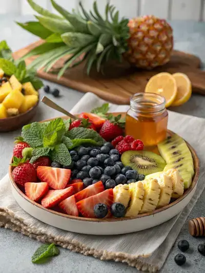 A vibrant arrangement of fresh fruits with honey and mint on a kitchen table.