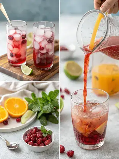 Step-by-step process of making a refreshing Cranberry juice cocktail, showcasing ice, colorful juices, stirring, and garnishing.