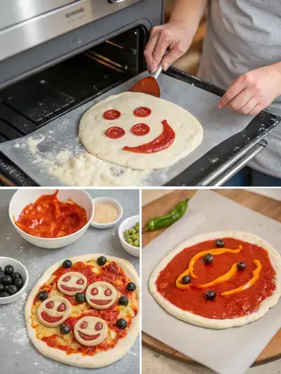 Step-by-step process of making pizza faces with dough, sauce, and toppings.