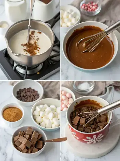 Step-by-step process of making a hot chocolate bar with ingredients and toppings displayed.
