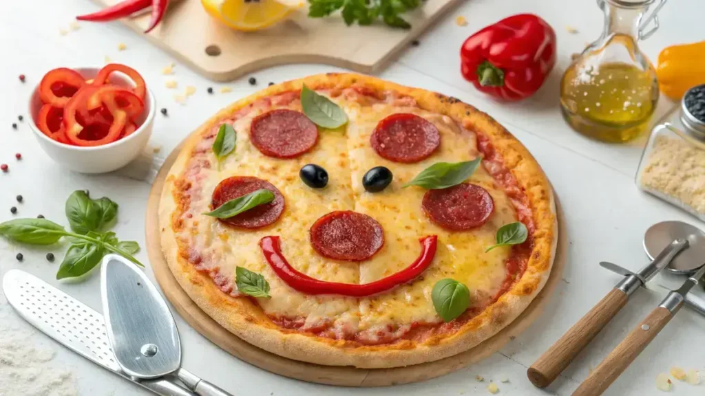 A colorful pizza with smiling faces made from pepperoni, olives, and bell peppers.