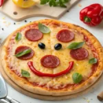 A colorful pizza with smiling faces made from pepperoni, olives, and bell peppers.