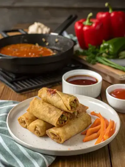 A plate of golden-brown frozen egg rolls with dipping sauces on a kitchen table.