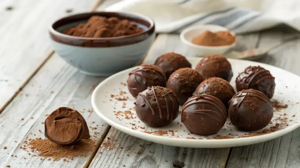 A plate of Chocolate cocoa truffles dusted with cocoa powder, displayed on a wooden table.