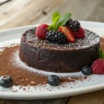 A Flourless chocolate cake dusted with cocoa powder and garnished with berries on a wooden table.