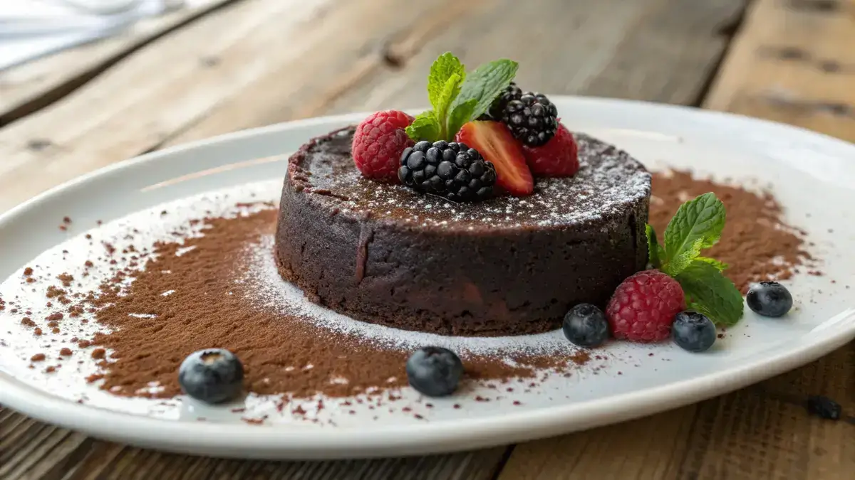 A Flourless chocolate cake dusted with cocoa powder and garnished with berries on a wooden table.
