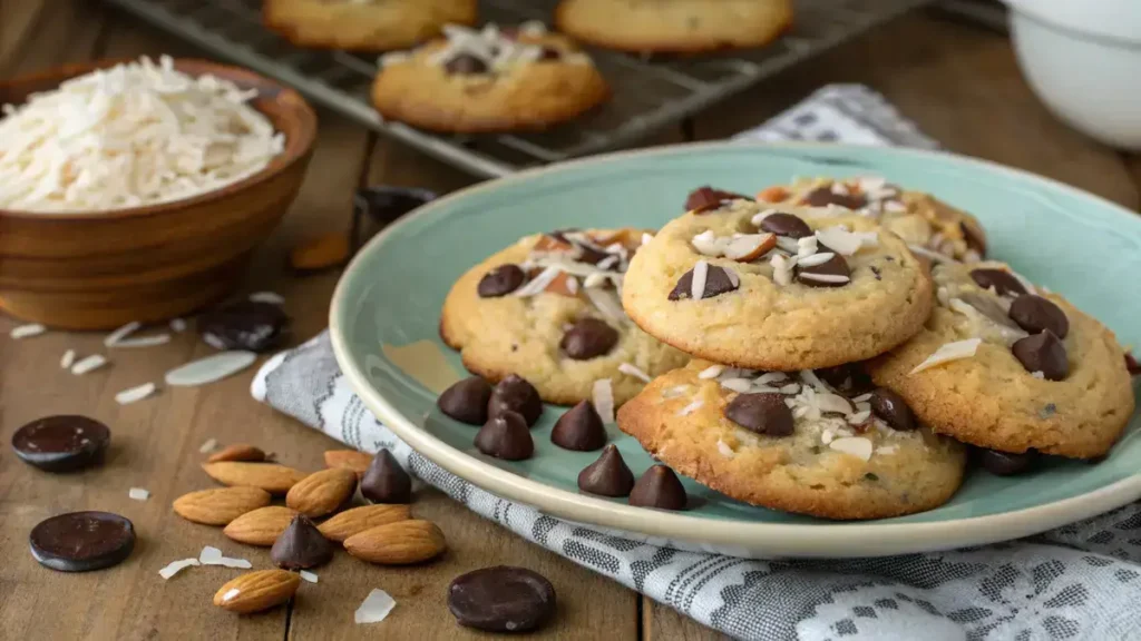 Plate of Almond Joy Cookies with coconut, chocolate chips, and almonds on a wooden table.