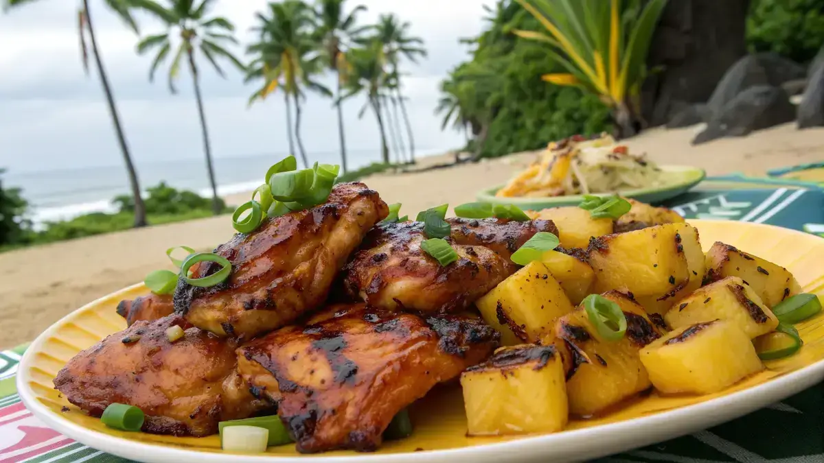 Grilled aloha chicken with pineapple and scallions on a colorful platter.