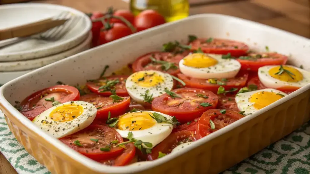 Baked eggs and tomatoes in a baking dish, garnished with herbs.