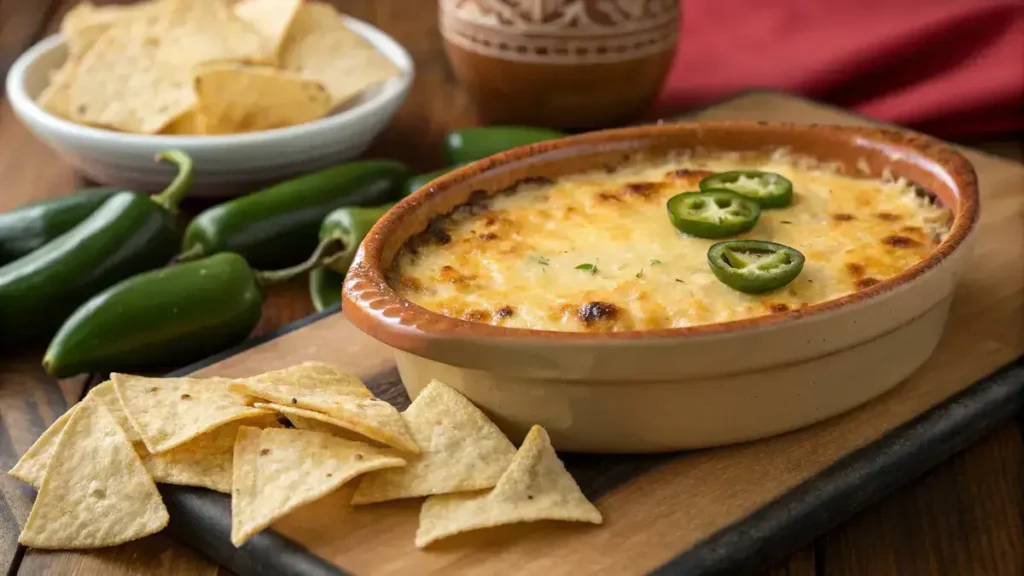 Baked jalapeno cheese dip in a rustic dish with tortilla chips and fresh jalapenos.