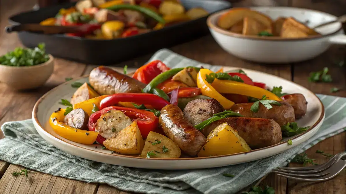A colorful dish of baked sausage, peppers, and potatoes on a wooden table.