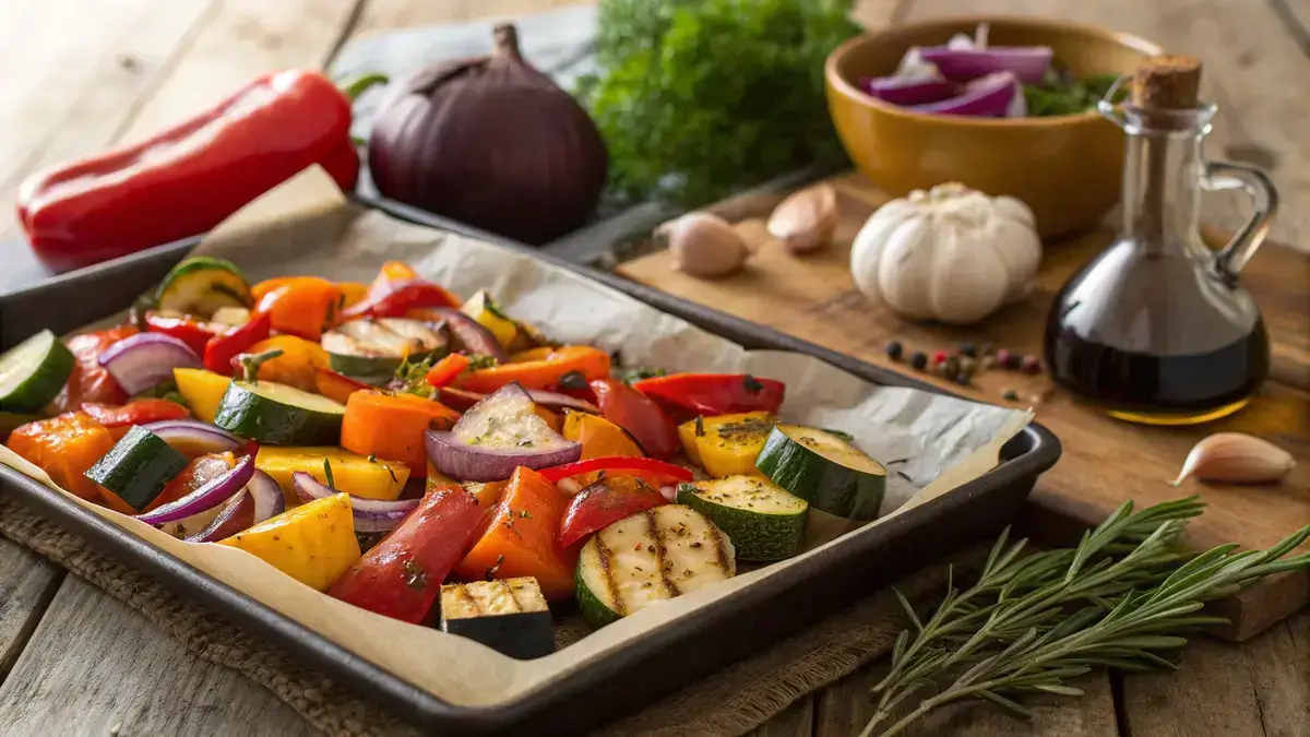 A baking sheet filled with colorful Balsamic Roasted Vegetables including bell peppers, zucchini, carrots, and red onions.