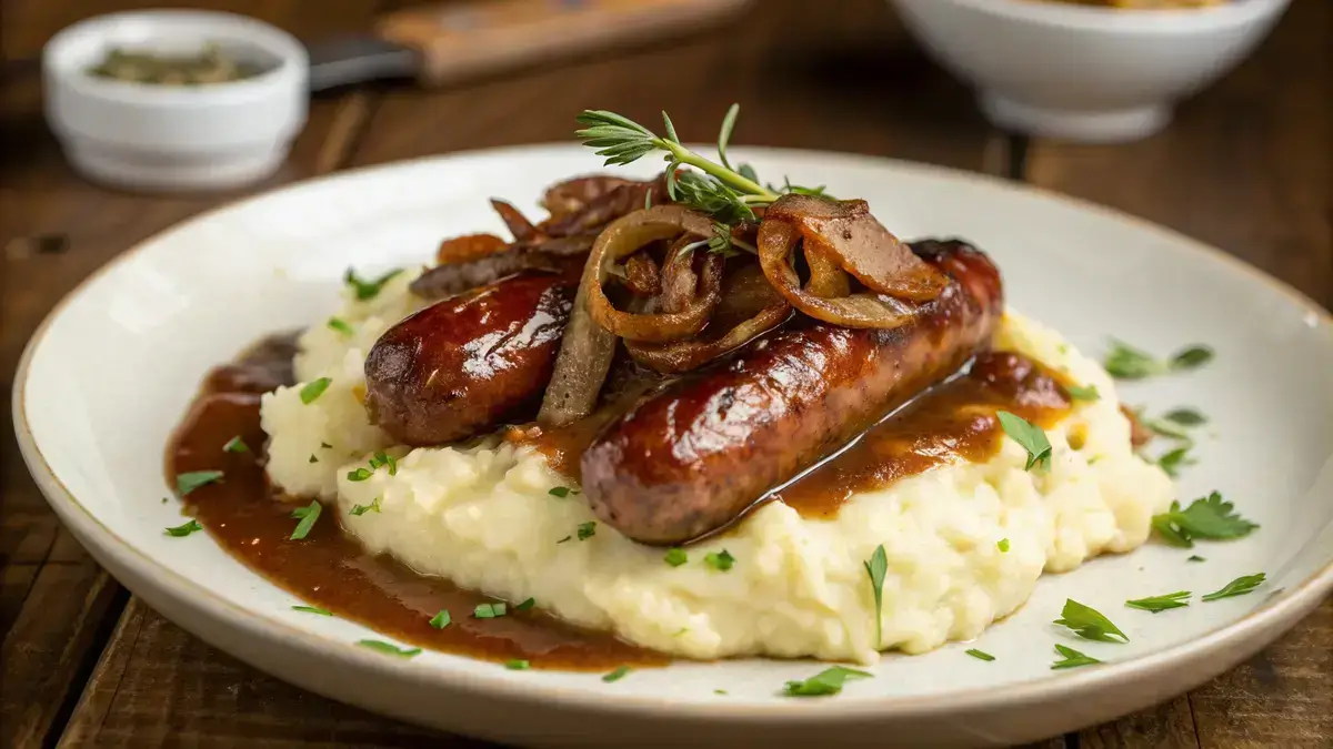 A plate of bangers and mash with sausages, mashed potatoes, and onion gravy.