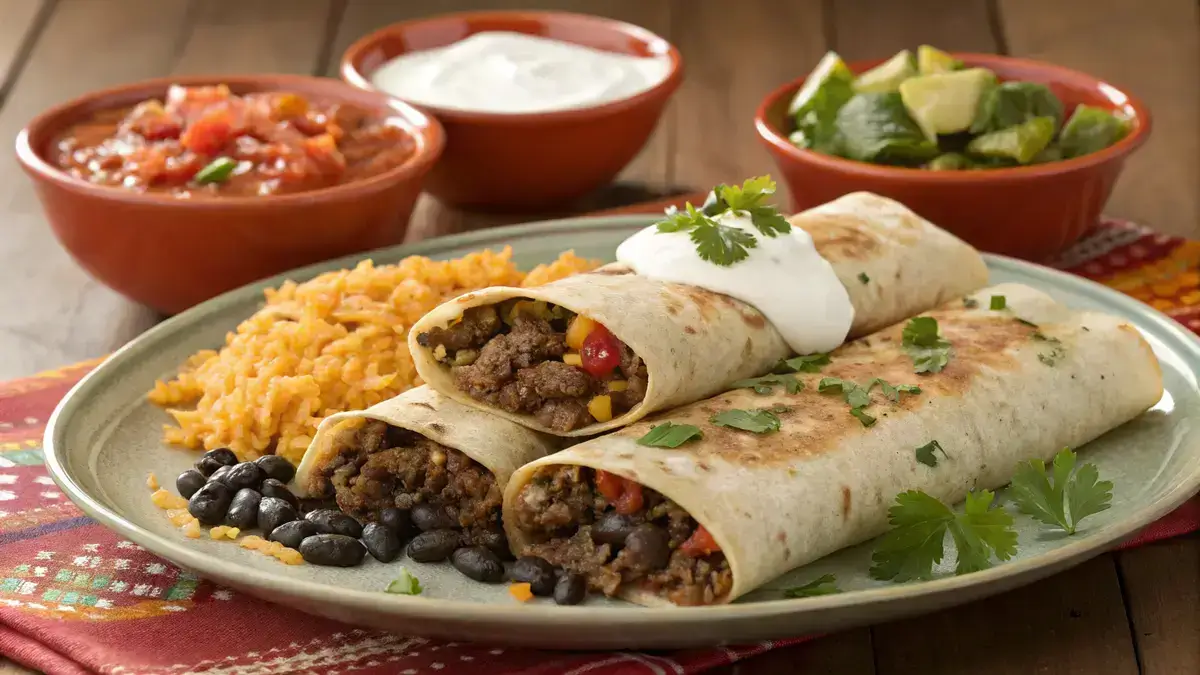 Plate of beef burritos filled with seasoned beef, rice, and beans, garnished with cheese and cilantro.