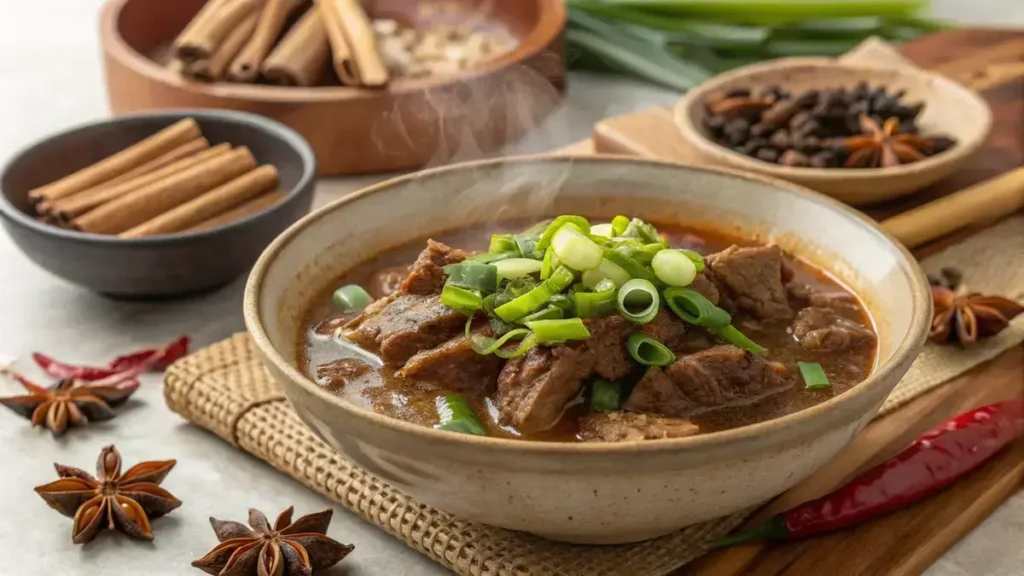 A bowl of tender beef tendon garnished with green onions and spices, showcasing a rich broth.
