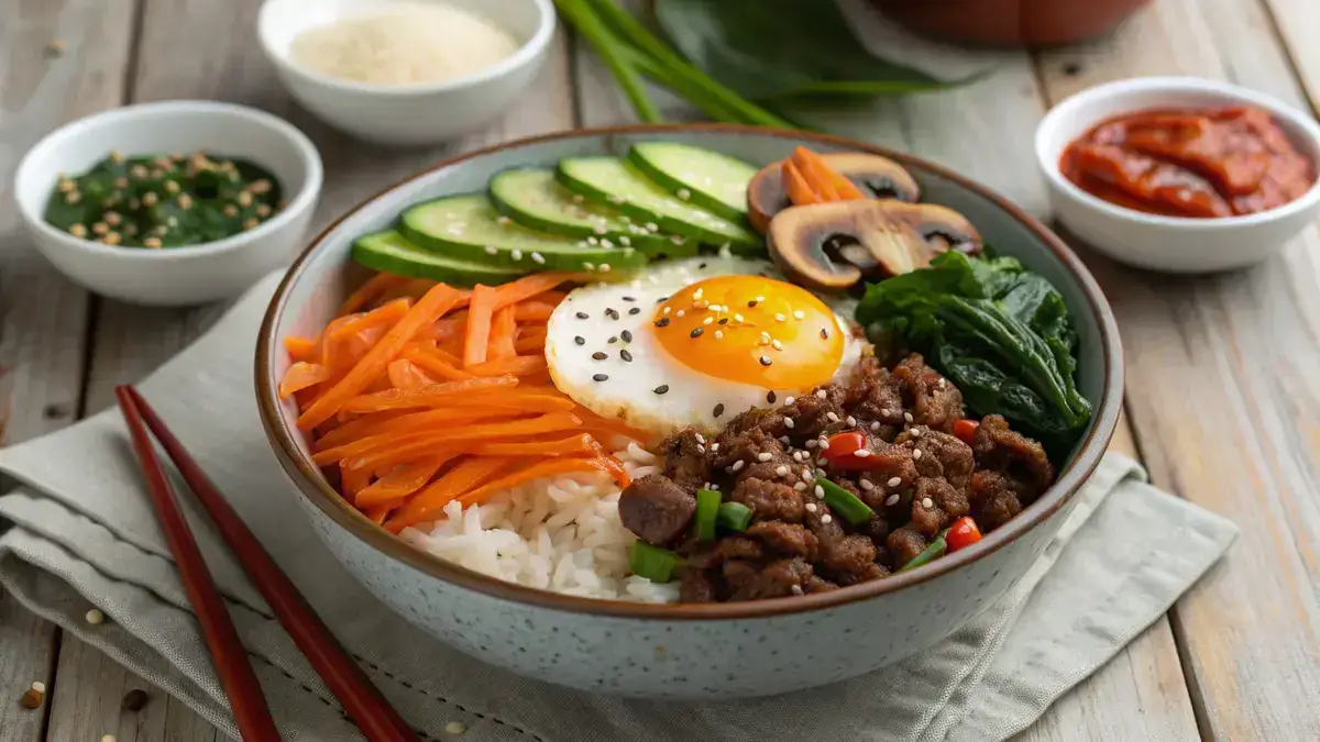 A colorful bibimbowl with rice, beef, vegetables, and a fried egg, garnished with sauce.