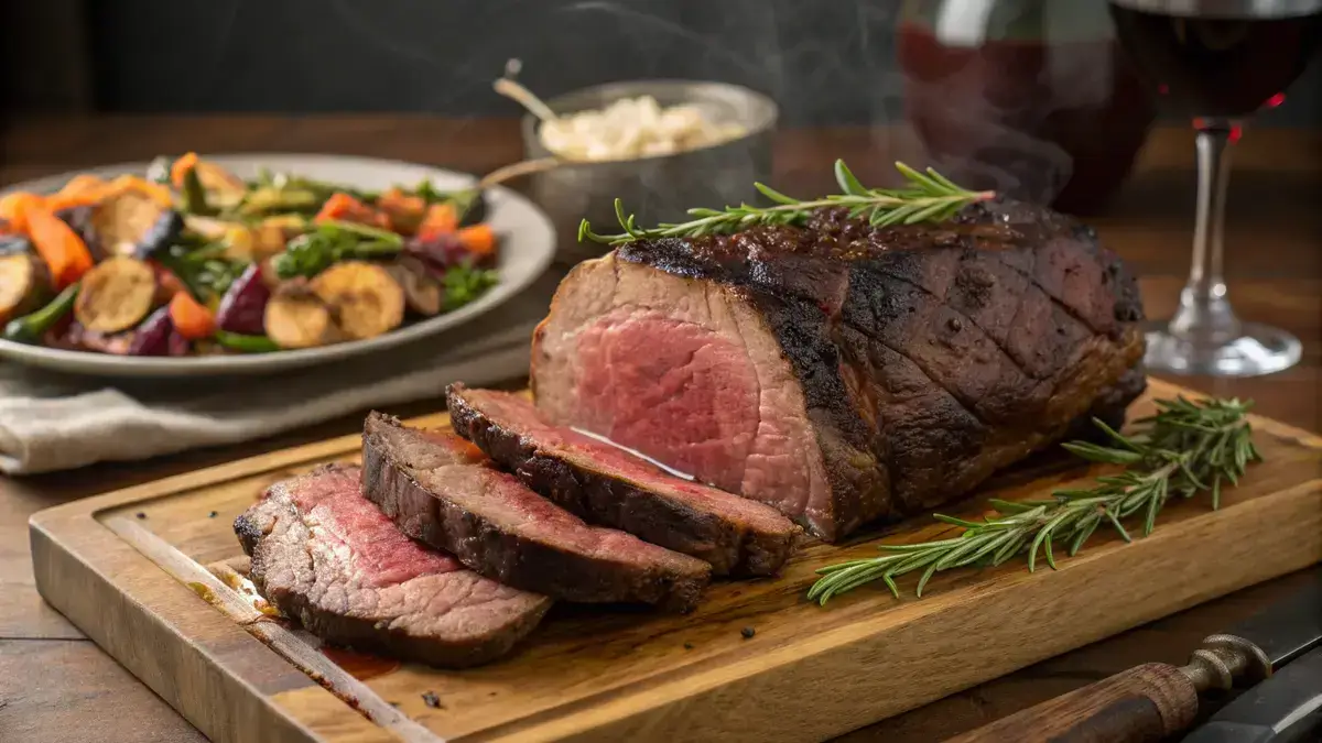 A perfectly cooked boneless ribeye roast on a cutting board with herbs and vegetables.