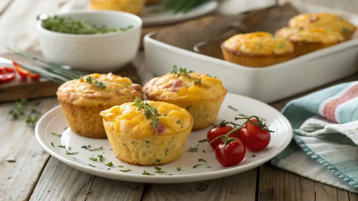 Golden brown breakfast egg and cheese muffins on a white plate with cherry tomatoes.