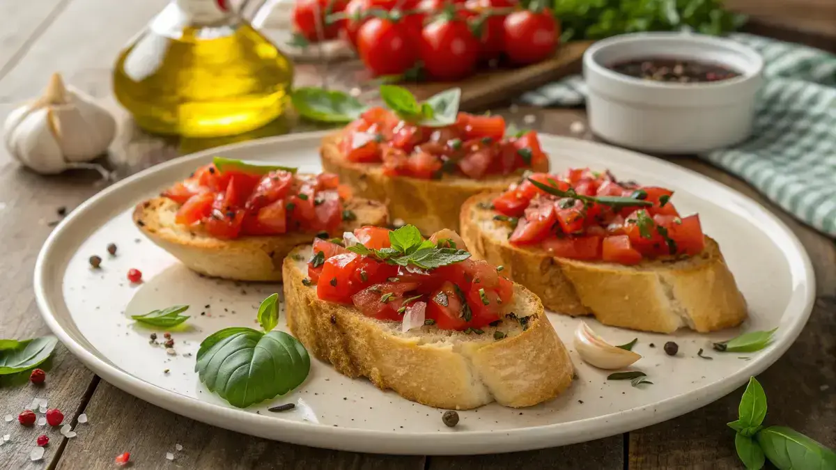 Plate of Bruschetta tomato basil with toasted bread and fresh toppings