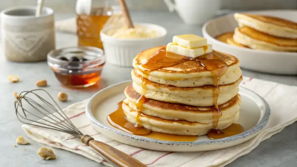 Stack of fluffy buttermilk pancakes with syrup and butter on a plate in a cozy kitchen.