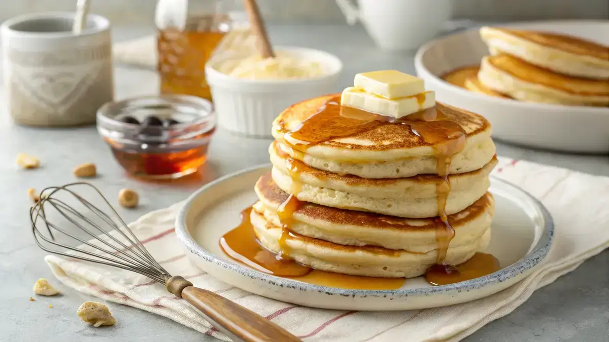 Stack of fluffy buttermilk pancakes with syrup and butter on a plate in a cozy kitchen.