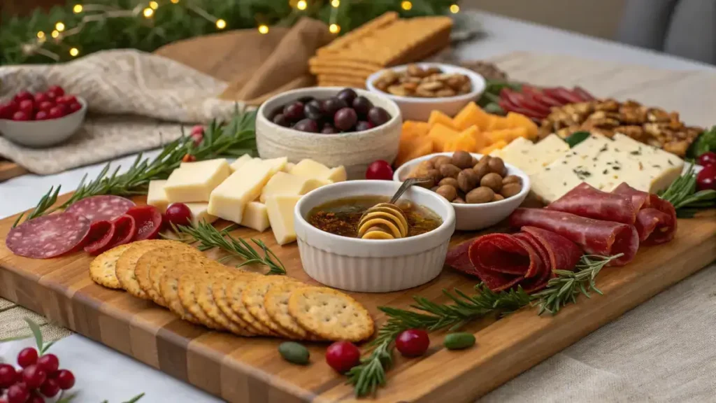 A festive Christmas charcuterie board with assorted cheeses, cured meats, olives, fruits, nuts, and crackers.
