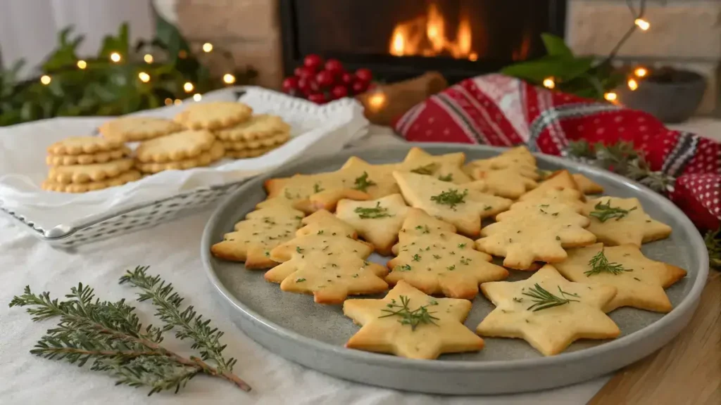 A festive platter of golden brown Christmas cheese crackers shaped like stars and trees.