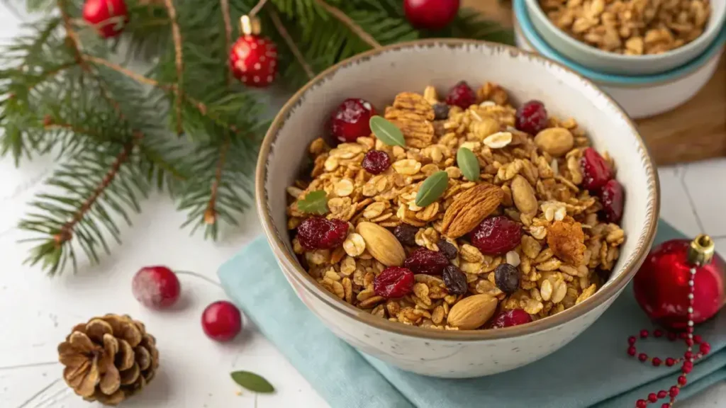 A bowl of Christmas granola with dried fruits and nuts, surrounded by festive decorations.
