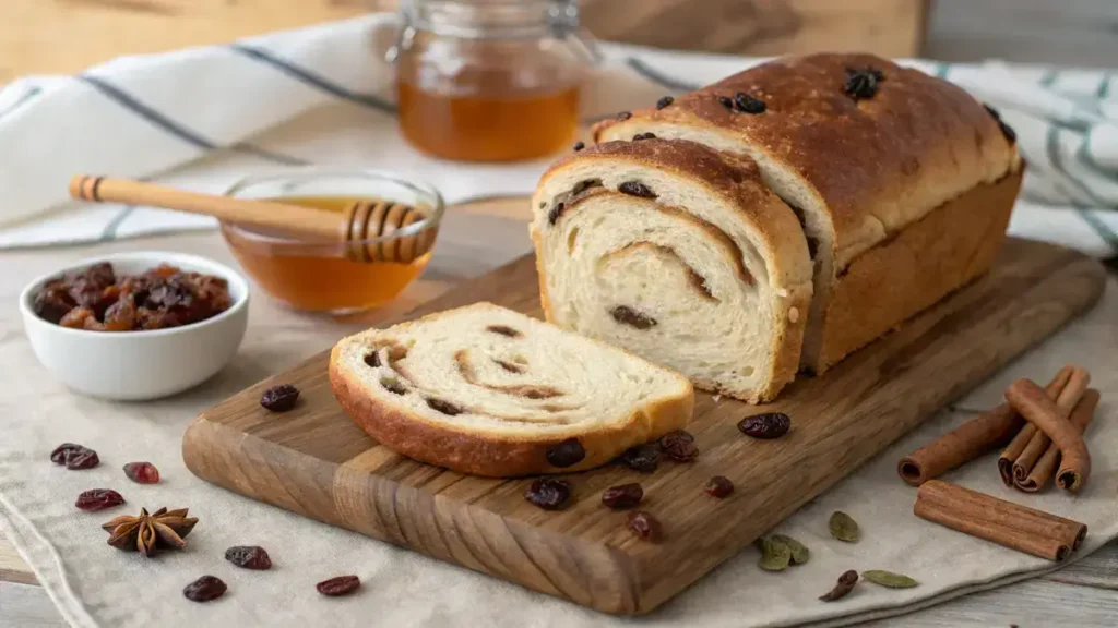 Freshly baked cinnamon raisin sourdough bread on a wooden cutting board with raisins and cinnamon sticks.