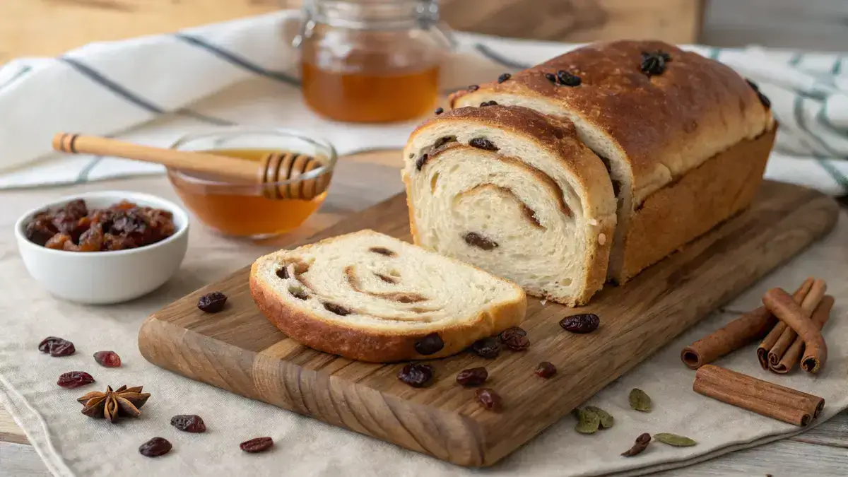Freshly baked cinnamon raisin sourdough bread on a wooden cutting board with raisins and cinnamon sticks.