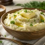 Bowl of creamy mashed potatoes with butter and parsley garnish