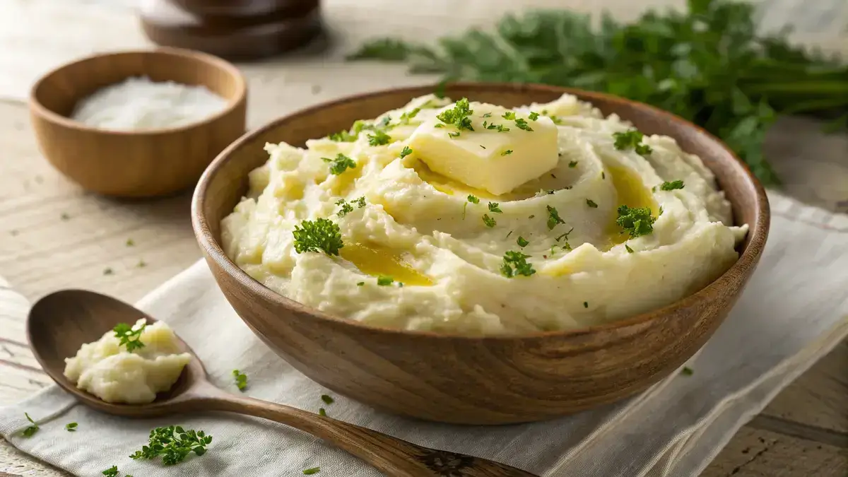 Bowl of creamy mashed potatoes with butter and parsley garnish