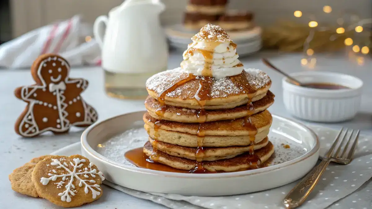 A stack of Gingerbread pancakes topped with whipped cream and maple syrup, surrounded by gingerbread cookies.