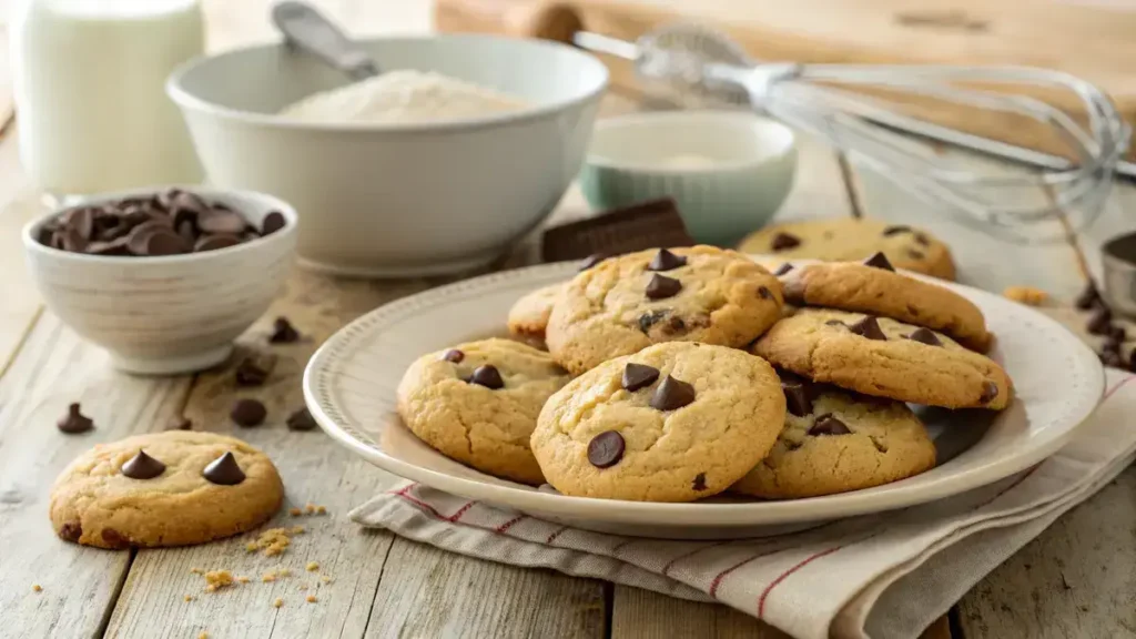 Plate of gluten free cookies with chocolate chips on a wooden table.