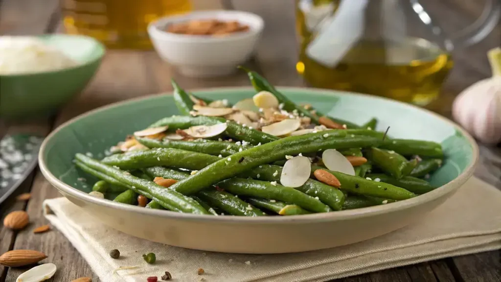 Sautéed green beans with garlic and almonds on a wooden table.