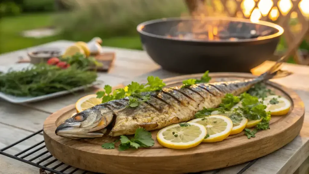 Grilled mackerel with lemon and parsley on a wooden platter.